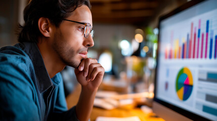 Faceless businessman analyzing interactive analytics dashboard defocused bar charts pie charts background KPI graphs display visual data reports performance metrics digital