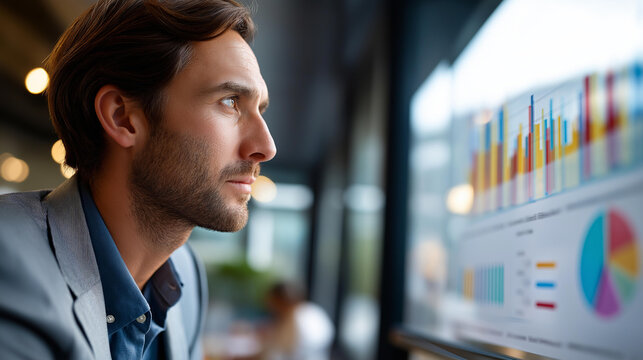 Faceless businessman analyzing interactive analytics dashboard defocused bar charts pie charts background KPI graphs display visual data reports performance metrics digital - Powered by Adobe