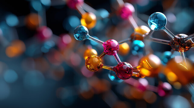 3D render of abstract molecular structure faceless bright colored spheres defocused chemical bonds background atoms connected visualization science illustration biotech chemis