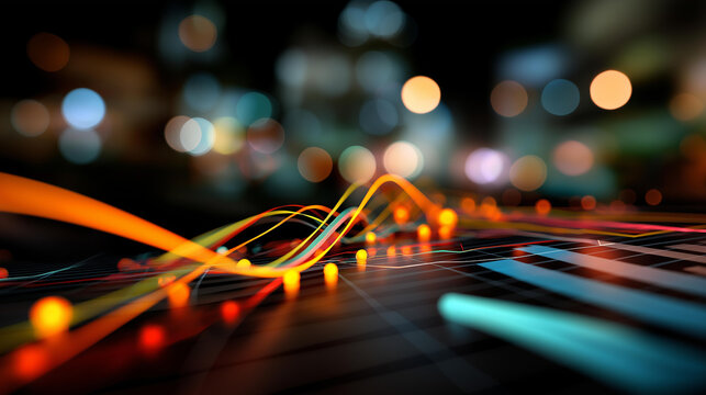 Abstract futuristic technology background faceless glowing lines visualization defocused charts and data background financial analytics display technological innovation