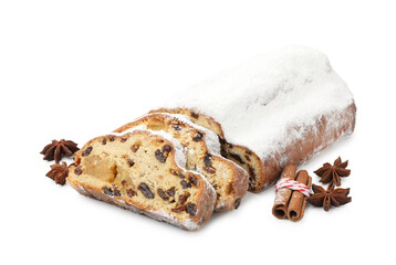Traditional Christmas Stollen with icing sugar and spices isolated on white