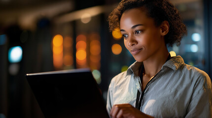 Faceless black woman IT support engineer with laptop defocused dark server room background network and data center work computer cybersecurity analytics female programmer