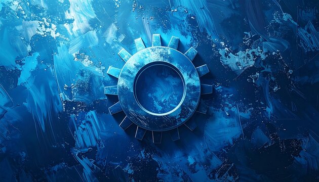 Stylized, 3D gear on a textured blue background with swirling patterns and highlights