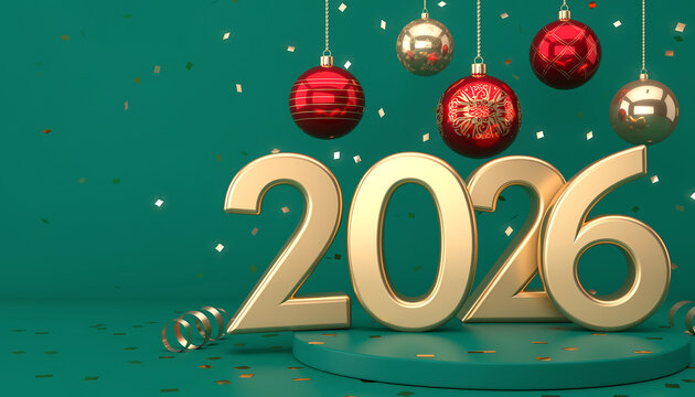 Celebrate the New Year 2026 with festive gold numbers and ornaments