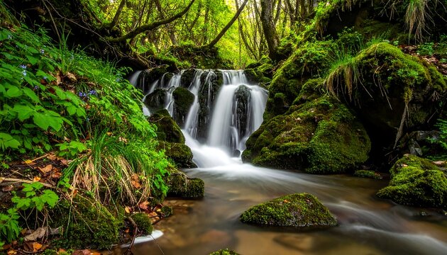 Lush, green forest scene with a small waterfall cascading over mossy rocks into a shallow stream - Powered by Adobe