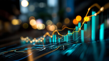 Dynamic blue and green digital stock market graph faceless financial data defocused dark background bar charts and lines representing analysis investment trends business grow