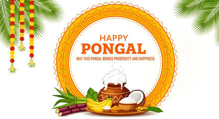 Happy Pongal religious festival of South India celebration background. illustration. happy pongal translate Tamil text.