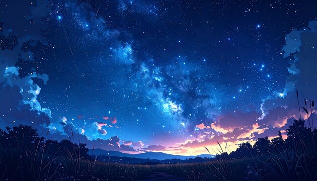 Night scene stars & sky above a field with grass and trees; sunset colors on the horizon, digital anime art