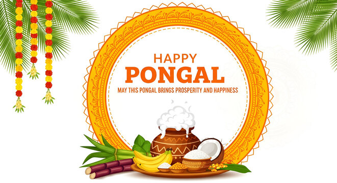 Happy Pongal religious festival of South India celebration background. illustration. happy pongal translate Tamil text.