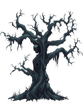 Evil haunted tree with creepy shape isolated on transparent background, ideal for Halloween and dark fantasy designs.