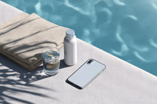 Relaxing by the poolside with a drink and phone during a sunny afternoon - Powered by Adobe
