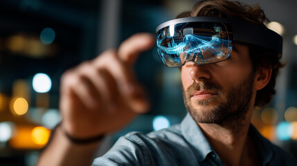 Faceless holographic programmer Asian man with focus defocused night background futuristic cyber security interface analytics dashboard software update display data analysis