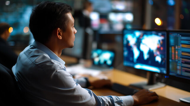 Faceless IT professional monitoring world map data defocused high tech control room background security operations center global network surveillance threat intelligence