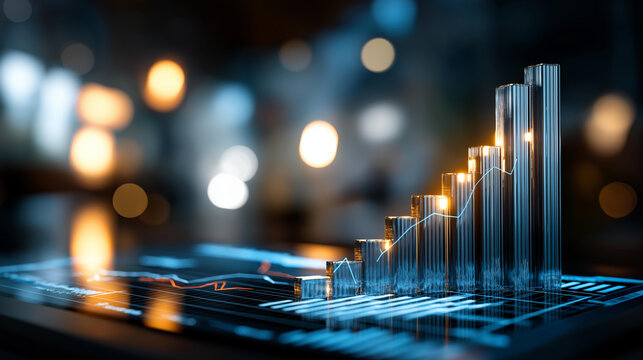 Isometric data analytics platform with growing bar chart faceless digital technology defocused business intelligence background financial growth concept 3D visualization - Powered by Adobe