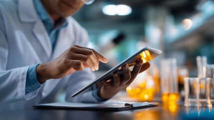 Faceless man in lab with tablet defocused research environment background online reading app experiment results medical scientist employee digital technology data analytics