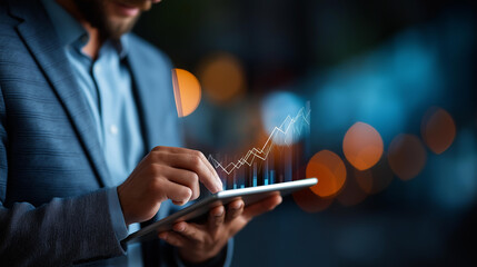 Faceless business professional analyzing futuristic digital graphs on tablet defocused analytics dashboards background data visualization interface financial growth metrics bus