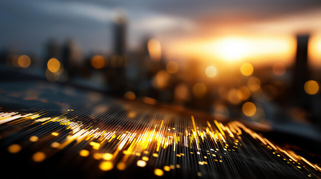 Futuristic digital dashboard with glowing stock market graphs faceless finance technology defocused blurred city skyline background advanced data analytics trading platform