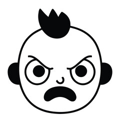 Frowning baby face with angry expression and spiky hair, conveying frustration and disapproval in a simple, bold graphic style.