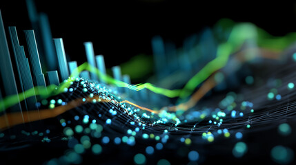 Dynamic blue and green digital stock market graph faceless financial data defocused dark background bar charts and lines representing analysis investment trends business grow