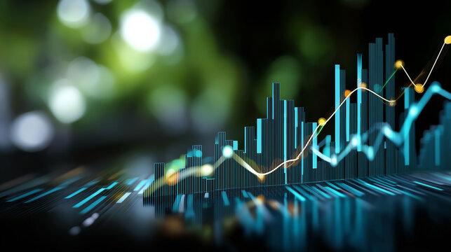 Dynamic blue and green digital stock market graph faceless financial data defocused dark background bar charts and lines representing analysis investment trends business grow