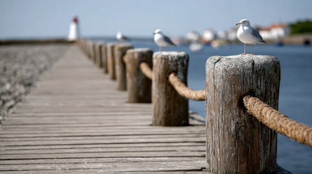 Seagulls on a wooden dock with lighthouse in the background.