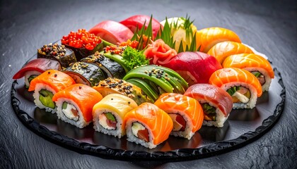 Assorted sushi on a black platter with nigiri, maki, and rolls against a dark background