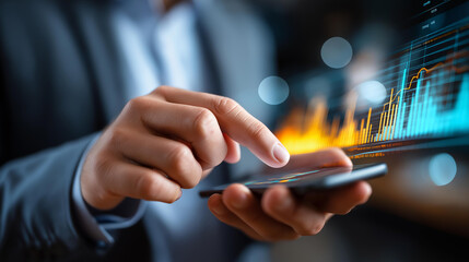 Faceless businessman using smartphone with virtual analytics dashboard defocused dark background data interface display digital business concept fintech visualization mobile