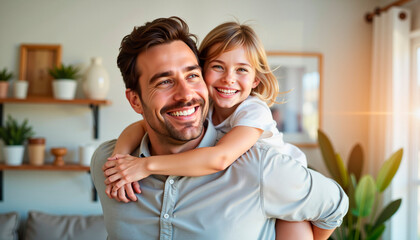 Father lifting daughter with big smile in modern home, family love