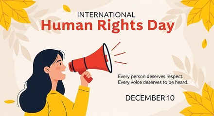 Illustration for international human rights day featuring a woman with a megaphone and leaves