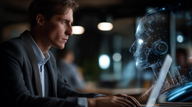 Artificial intelligence concept with AI agents faceless man working on laptop defocused data analytics dashboard background futuristic interface big data visualization machine - Powered by Adobe