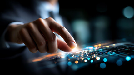 Faceless business professional with futuristic digital data interface defocused dark environment background touch gestures interaction advanced technology showcase analytics