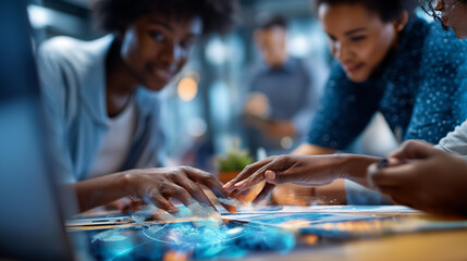 Faceless diverse team in collaborative business meeting defocused digital tools background analytics discussion data driven strategy teamwork coordination modern workplace