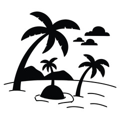 Escape to paradise with swaying palm trees on a tropical island beach, clear blue ocean, and fluffy clouds creating serene vacation vibes.