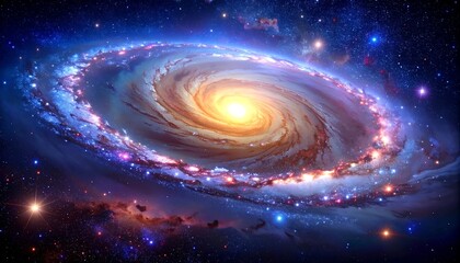 Obraz premium Swirling spiral galaxy radiates bright yellow core, blending with nebulae and starlight in the vast expanse of deep space