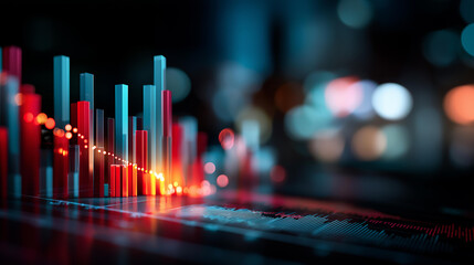 Dynamic 3D bar chart visualization with glowing lights faceless data growth representation defocused red and blue background financial analysis display modern tech environment