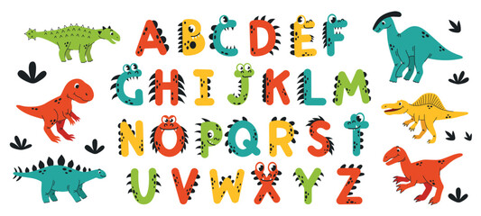 Dinosaur themed alphabet set in colorful vector style. Each letter features cute prehistoric creatures and friendly designs. Perfect for kids' education, nursery decor, and learning materials
