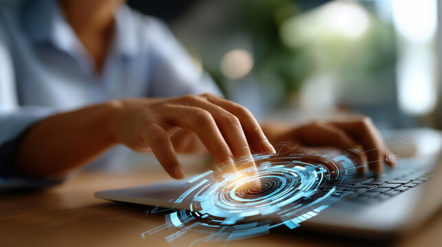 Faceless engineer using laptop for optimization software defocused AI bot background comprehensive guide interface leveraging artificial intelligence decision making automation