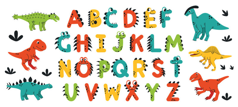 Dinosaur themed alphabet set in colorful vector style. Each letter features cute prehistoric creatures and friendly designs. Perfect for kids' education, nursery decor, and learning materials