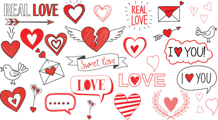 Red romantic Valentine sketches of playful hearts, broken hearts with wings, real love text, sweet love banner, envelopes, and stars
