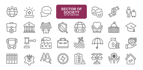 Set of line icons related to sector of society. Outline icons collection