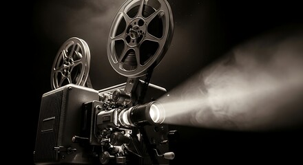 Classic Film Projector in Smoky Spotlight Beam