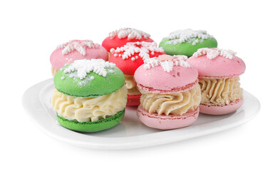 Festively decorated macarons isolated on white. Christmas treat