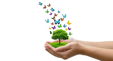 Eco Concept: Tree in Hands with Flying Butterflies