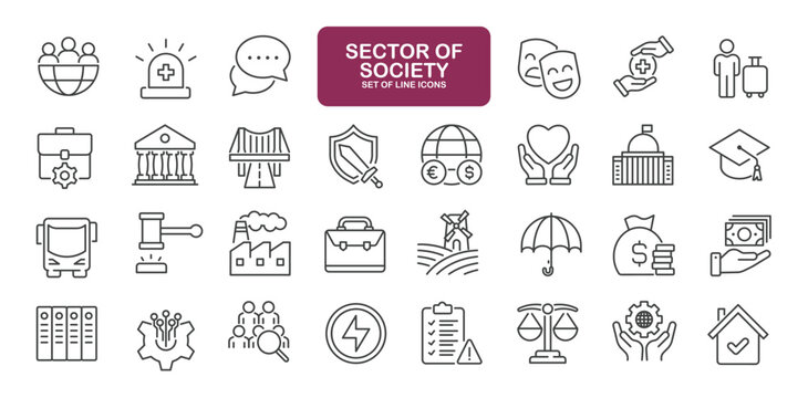 Set of line icons related to sector of society. Outline icons collection