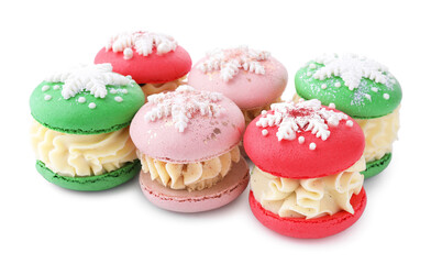 Festively decorated macarons isolated on white. Christmas treat