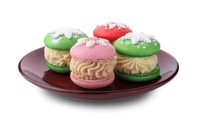 Festively decorated macarons isolated on white. Christmas treat
