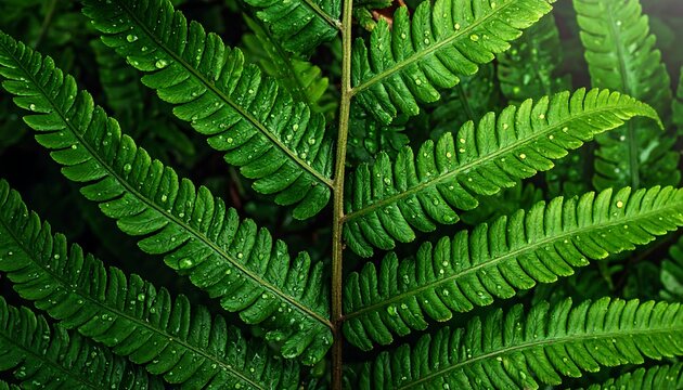 Lush green fern frond close-up with water droplets catching the light, set against a dark, verdant background - Powered by Adobe