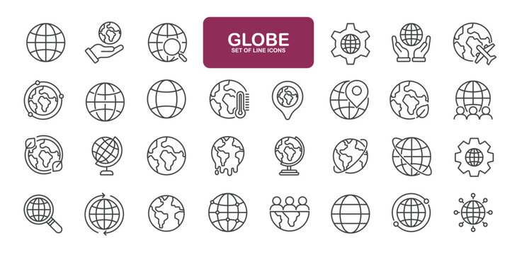 Set of line icons related to globe, earth, gobal, network. Outline icons collection