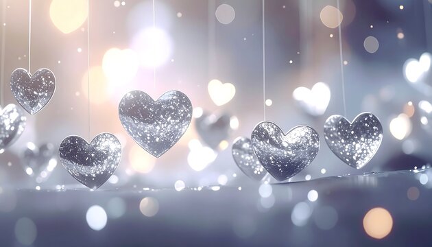 Glittery silver hearts hang suspended, with blurred bokeh lights creating a soft, romantic backdrop