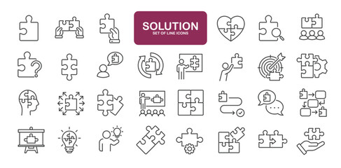 Set of line icons related to puzzle, jigsaw, solution. Outline icons collection